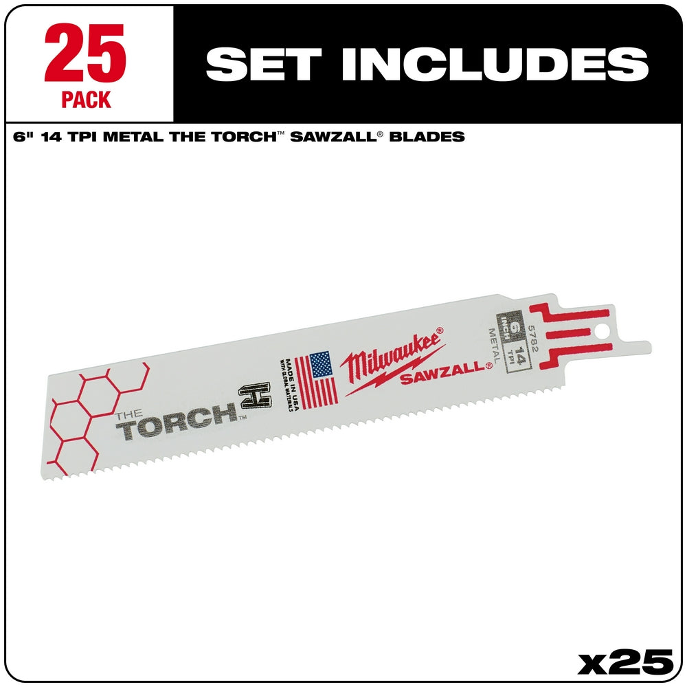 Milwaukee THE TORCH 6-inch 14 TPI metal cutting sawzall blade with red and white packaging label and red connector end.