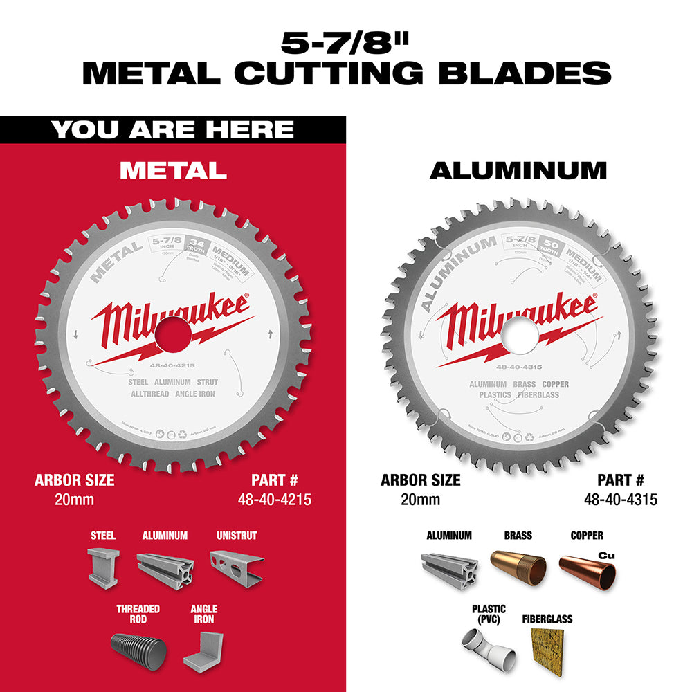 Milwaukee 5-7/8 inch metal cutting circular saw blade with 20mm arbor, shown with material compatibility icons for steel and 