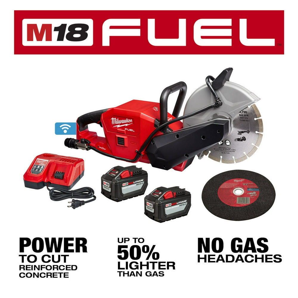 Milwaukee M18 FUEL 9-inch cut-off saw with dual batteries, charger, and diamond blade.