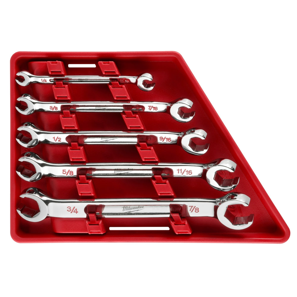 Five chrome double end flare nut wrenches with SAE sizes arranged in red storage case.