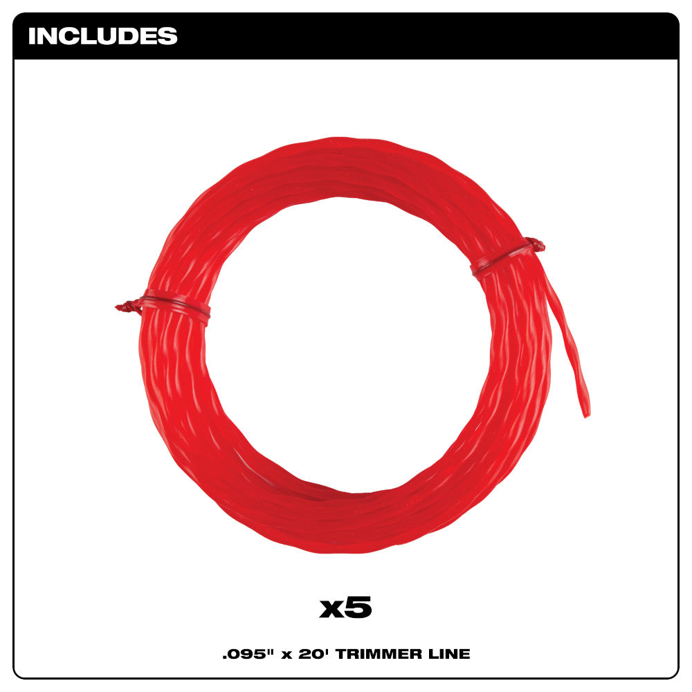 Five coils of red trimmer line wound and bound together with text indicating .095" x 20' specifications.