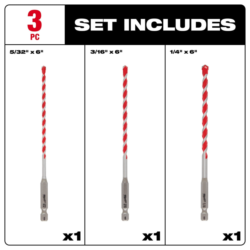 Three carbide hammer drill bits with red spiral flutes and gray shanks in 5/32", 3/16", and 1/4" sizes.