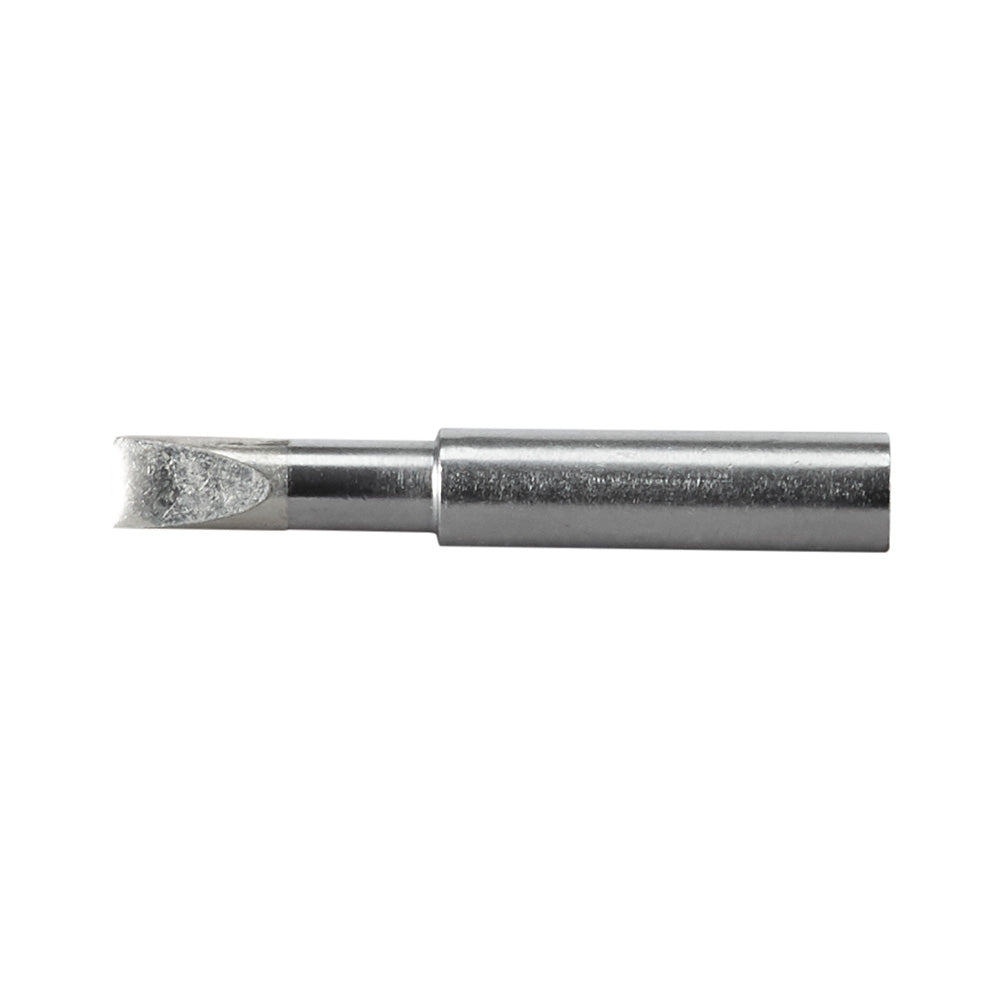 Milwaukee M12 soldering iron tip with pointed chisel end, metallic gray cylindrical body.