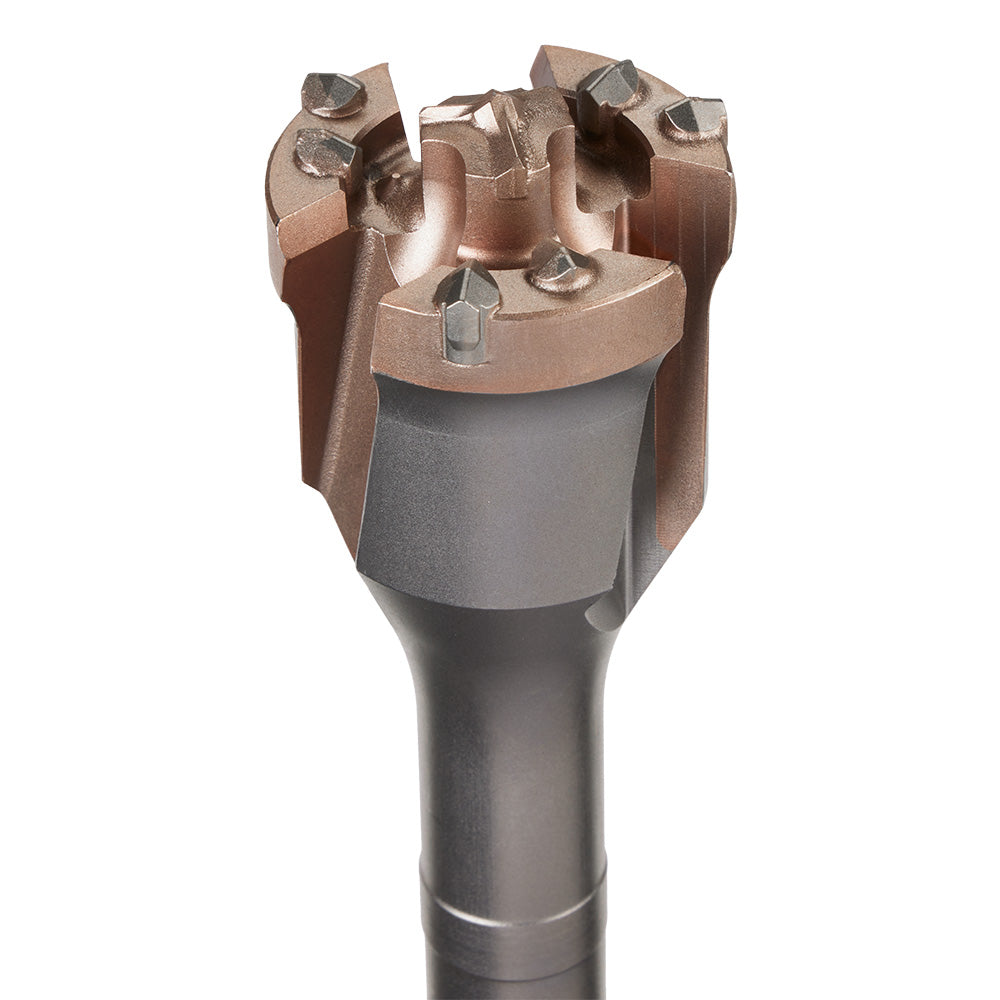 SDS-MAX tunnel bit with 2-1/8" carbide head and dark gray steel shaft on white background.