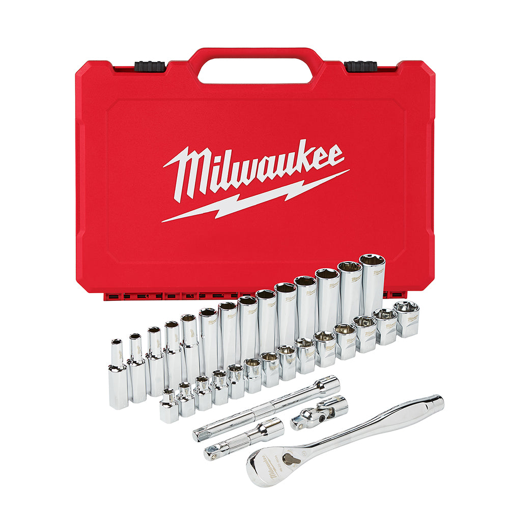 Red Milwaukee tool case with 32 metric sockets, ratchet, extensions, and universal joint arranged in front.