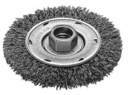 Carbon steel radial crimped wheel brush with 4-inch diameter and center threaded arbor for grinding applications.