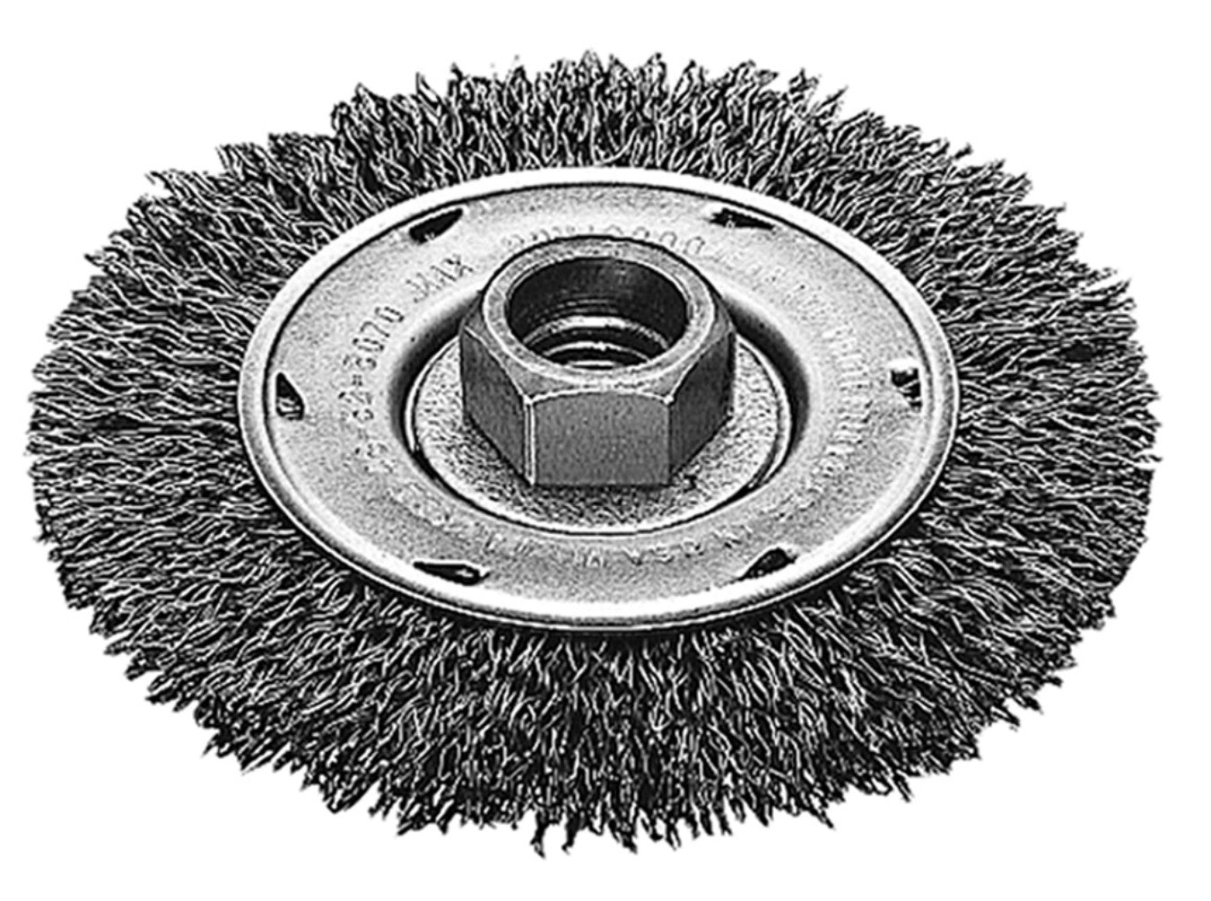 Carbon steel radial crimped wheel brush with 4-inch diameter and center threaded arbor for grinding applications.
