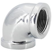 Chrome plated brass 90-degree elbow fitting with female threaded connection on right side.