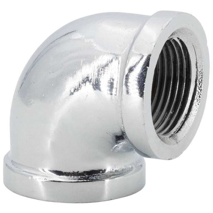 Chrome plated brass 90-degree elbow fitting with female threaded connection on right side.