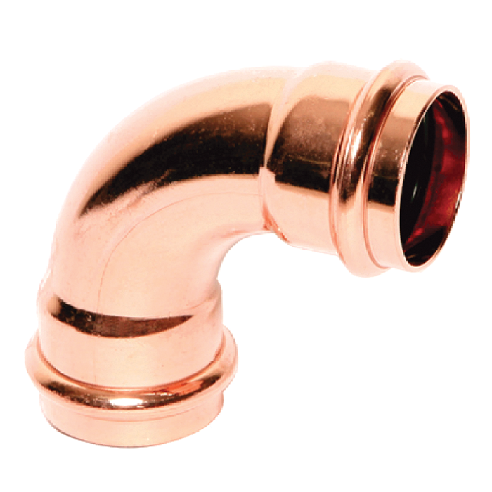 Copper 90-degree elbow fitting with press connections on both ends and grooved bands.