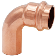 Copper 90-degree short radius street elbow with soldered joint and open fitting end on white background.