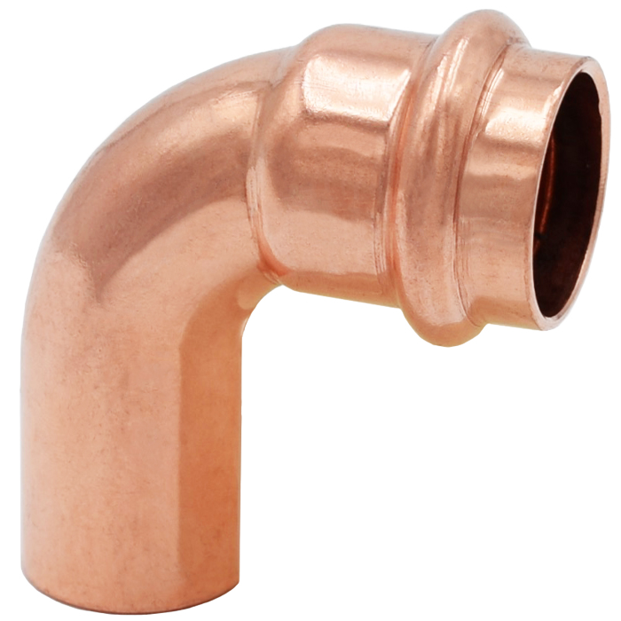 Copper 90-degree short radius street elbow with soldered joint and open fitting end on white background.