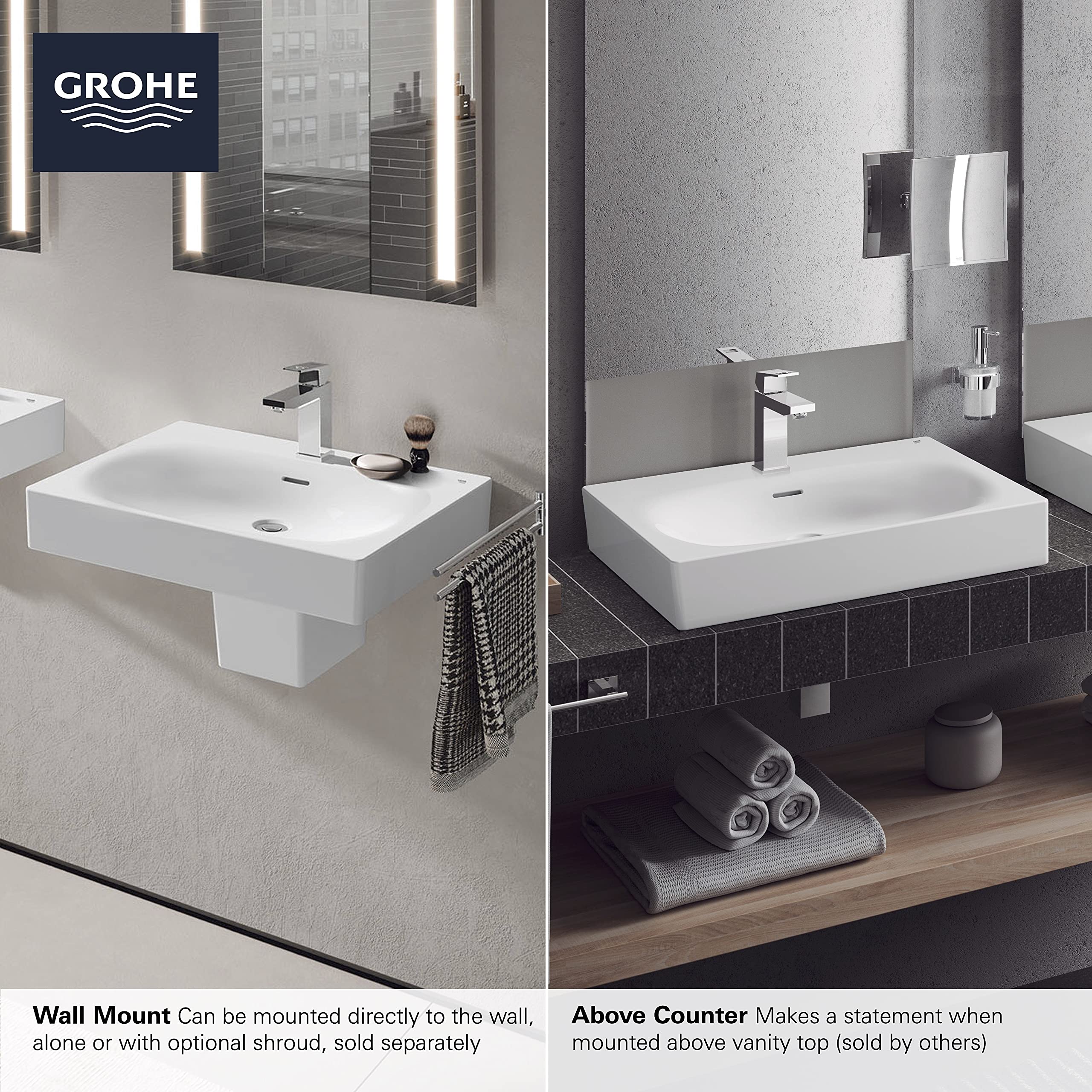 Grohe Eurocube 39655000 Wall Mount 24" Bathroom Sink, 3-hole in Grohe Alpine White