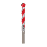 Carbide hammer drill bit with red and gray twisted flutes, flat shank, and pointed tip against white background.