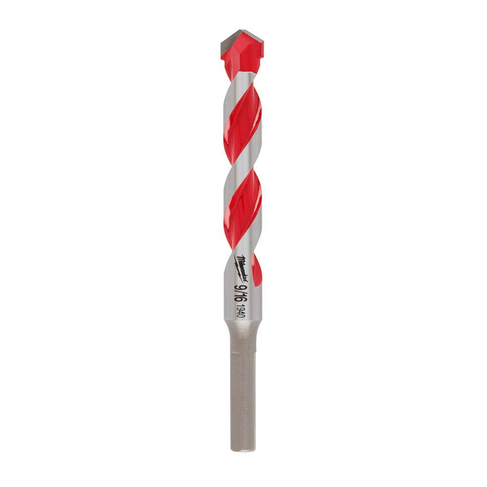 Carbide hammer drill bit with red and gray twisted flutes, flat shank, and pointed tip against white background.