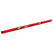 Red Milwaukee digital level with gray top edge, bubble vials, and digital display screen on upper section.