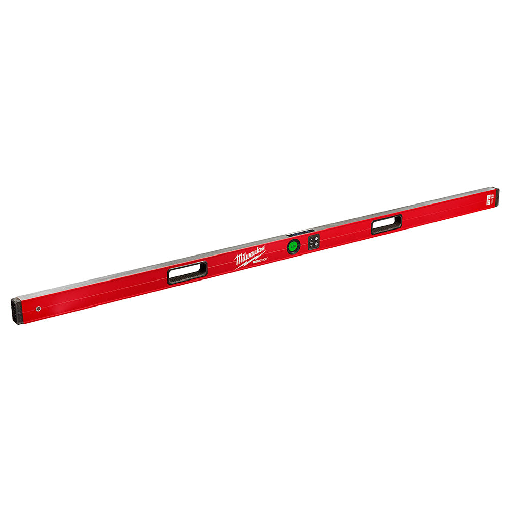 Red Milwaukee digital level with gray top edge, bubble vials, and digital display screen on upper section.