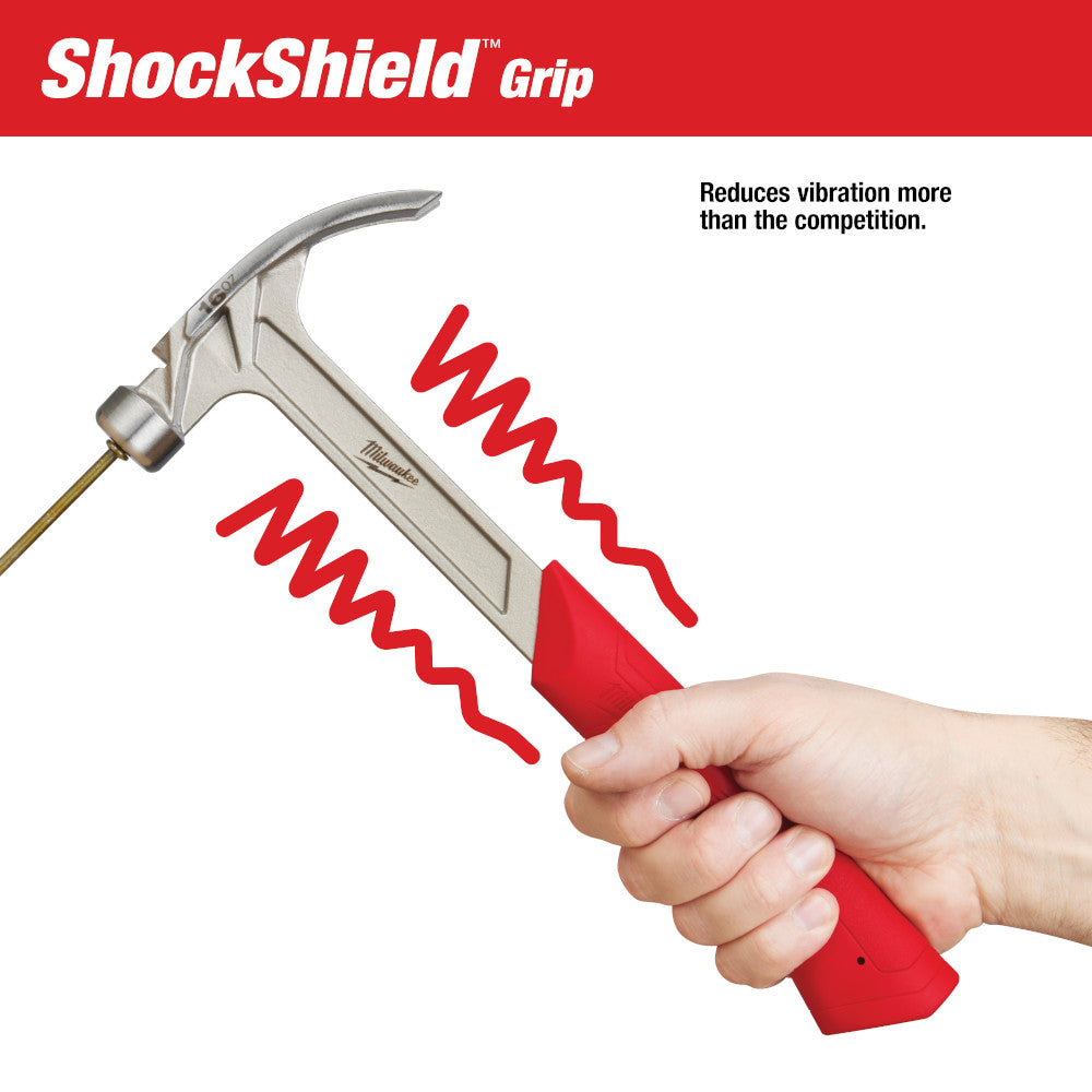 Milwaukee 16oz claw hammer with red shock-absorbing grip handle held in hand.