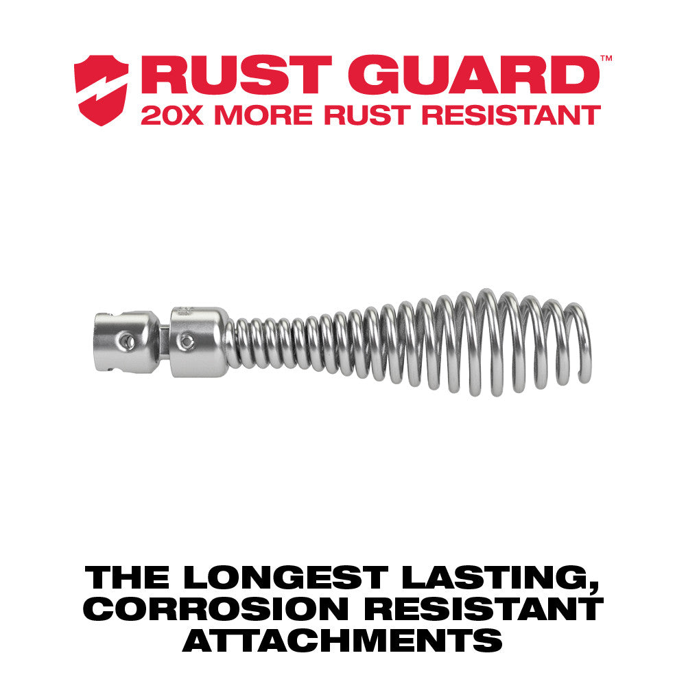 Metal auger cable with square connector heads and coiled spring body for drain cleaning.