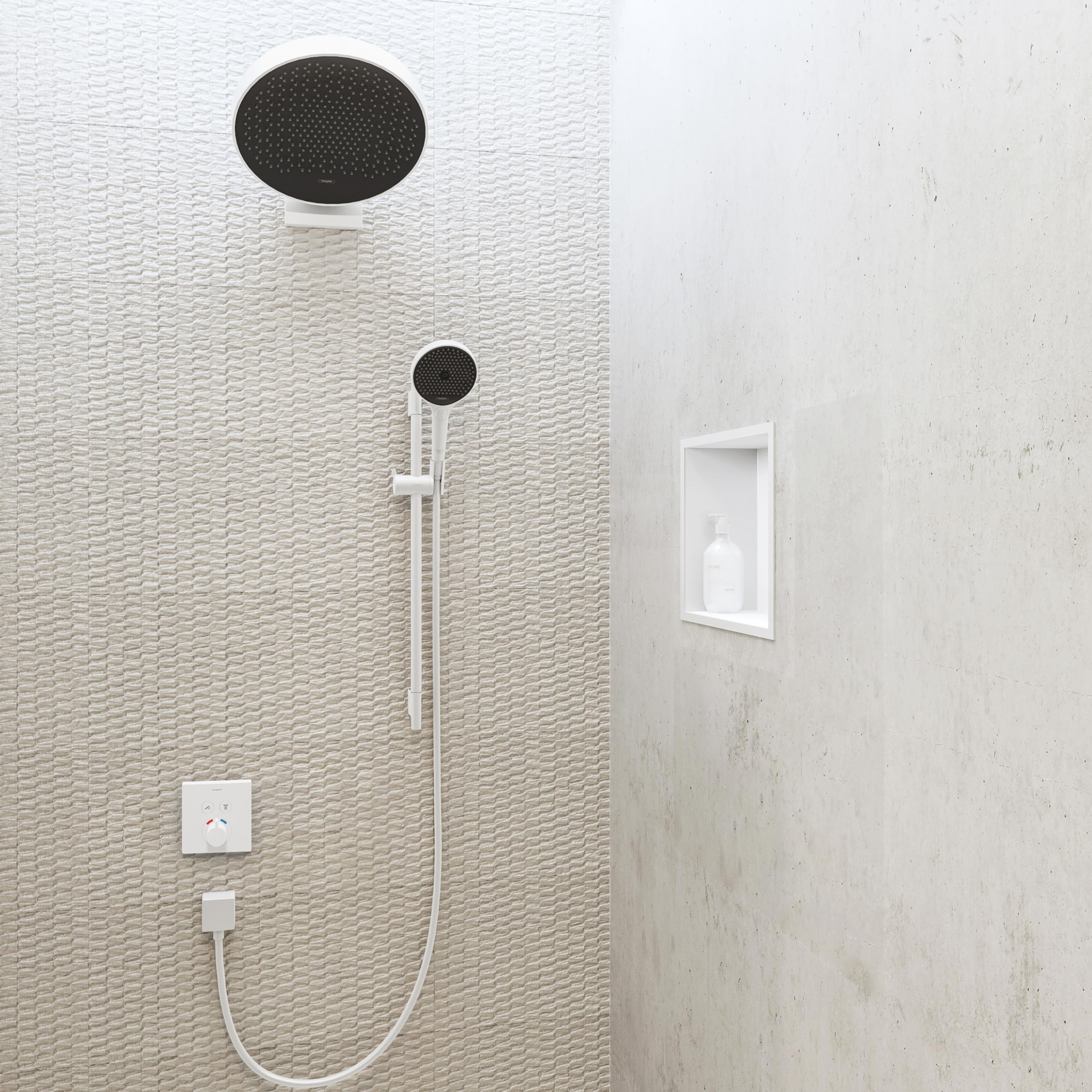 Matte white rectangular wall niche installed in bathroom tile, showing recessed storage cavity with white frame.