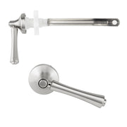 Polished nickel toilet tank trip lever with handle and mounting bracket assembly shown from two angles.