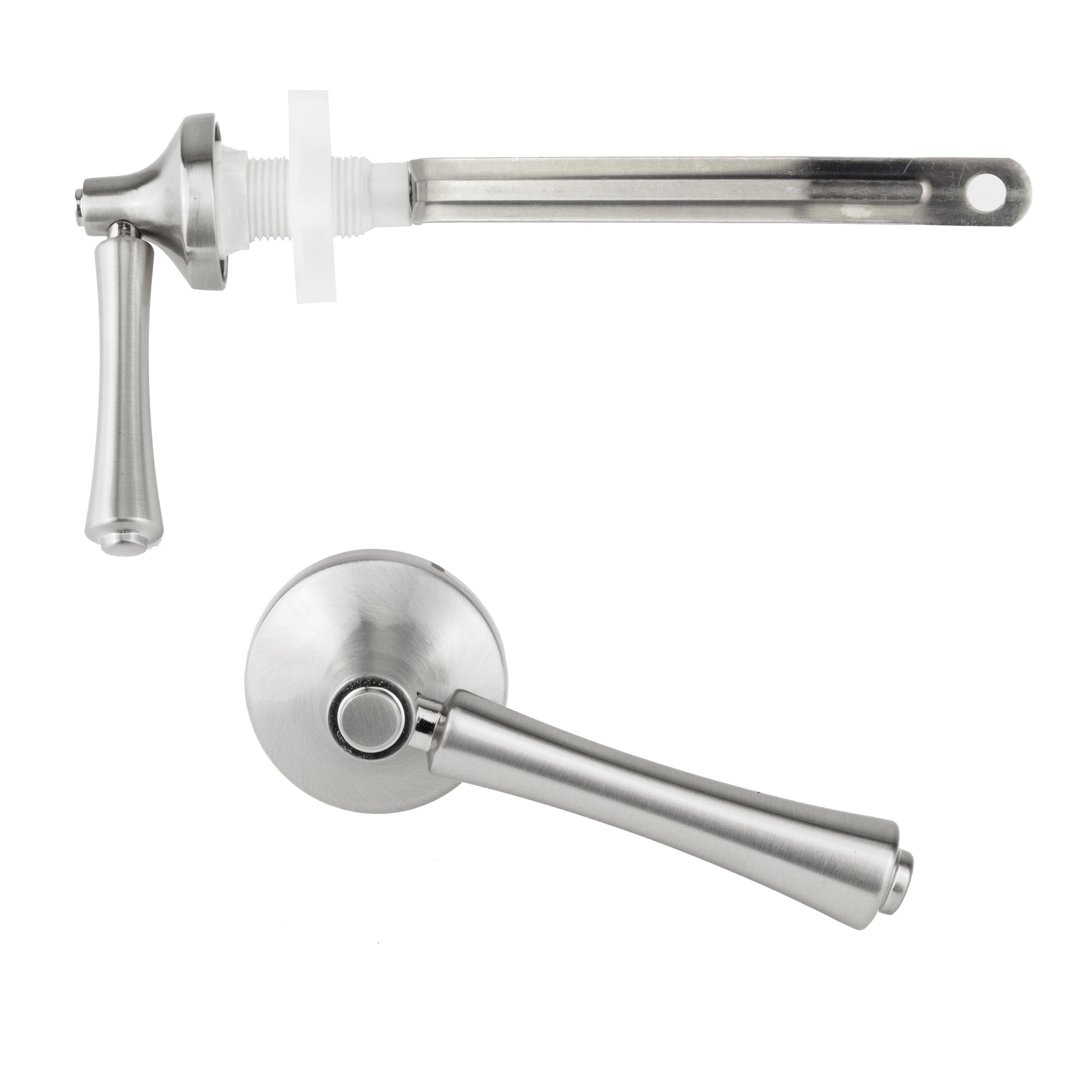 Polished nickel toilet tank trip lever with handle and mounting bracket assembly shown from two angles.