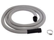 Coiled gray corrugated discharge hose with black end fittings and metal hose clamp.