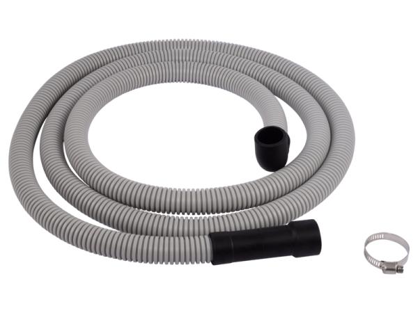 Coiled gray corrugated discharge hose with black end fittings and metal hose clamp.