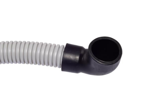 White ribbed discharge hose with black elbow connector and threaded outlet fitting.