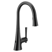 Matte black kitchen faucet with high arc spout and pulldown spray head.