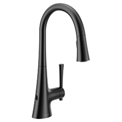 Matte black kitchen faucet with high arc spout and pulldown spray head.