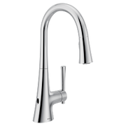 Chrome kitchen faucet with high arc spout and single pull-down spray handle.