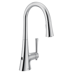 Chrome kitchen faucet with high arc spout and single pull-down spray handle.