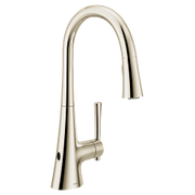 Polished nickel kitchen faucet with high arc spout and single handle pull-down spray.