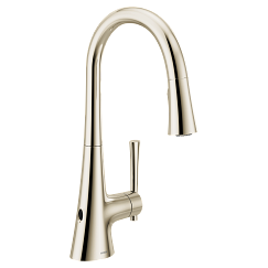 Polished nickel kitchen faucet with high arc spout and single handle pull-down spray.
