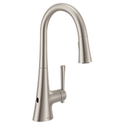 Stainless steel kitchen faucet with high curved spout and pull-down spray head.