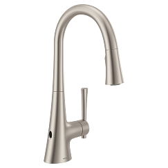 Stainless steel kitchen faucet with high curved spout and pull-down spray head.
