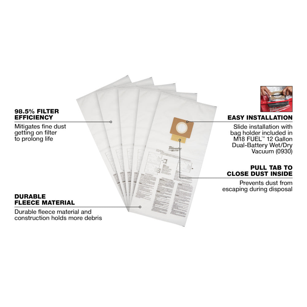 Five white fleece dust bags with printed instruction panels and brown circular filter openings arranged in a fan display.