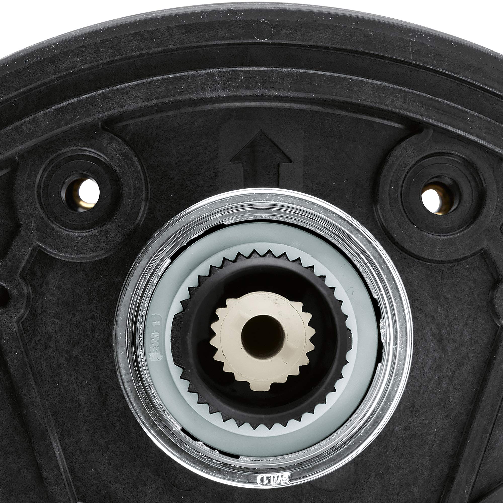 Black plastic stop ring with chrome trim featuring central gear mechanism and two mounting holes.