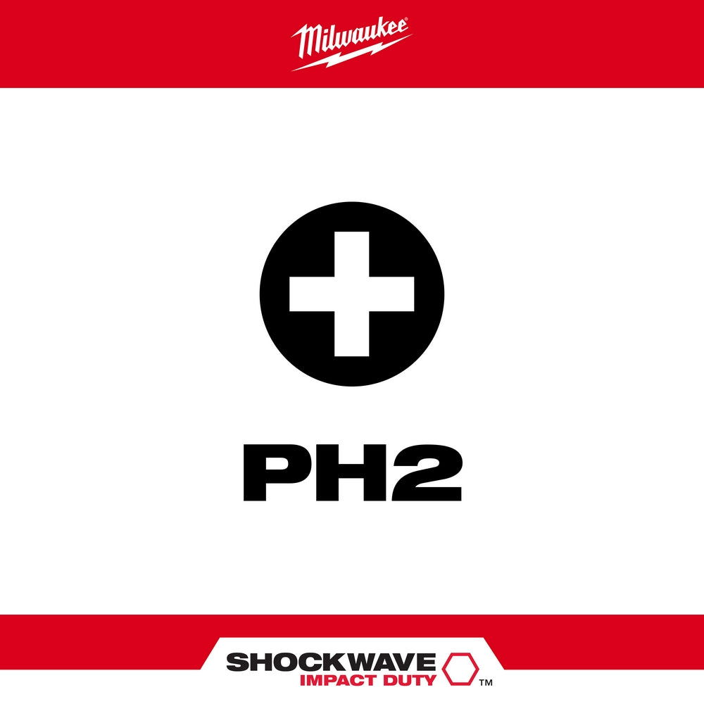 Milwaukee Shockwave PH2 impact bit with Phillips head drive symbol displayed on white background.