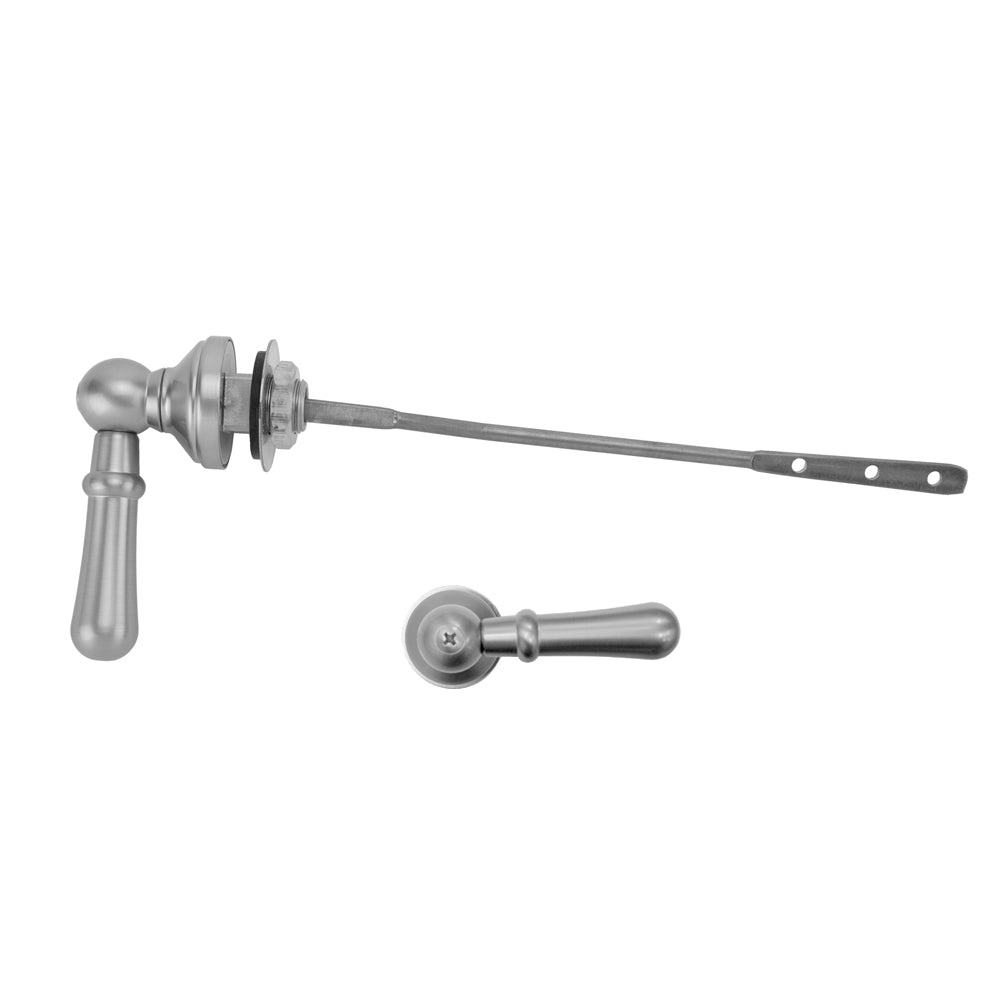 Polished brass toilet tank trip lever assembly with handle, rod, and mounting hardware for TOTO tanks.