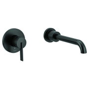 Matte black wall-mounted tub faucet with single lever handle and curved spout.