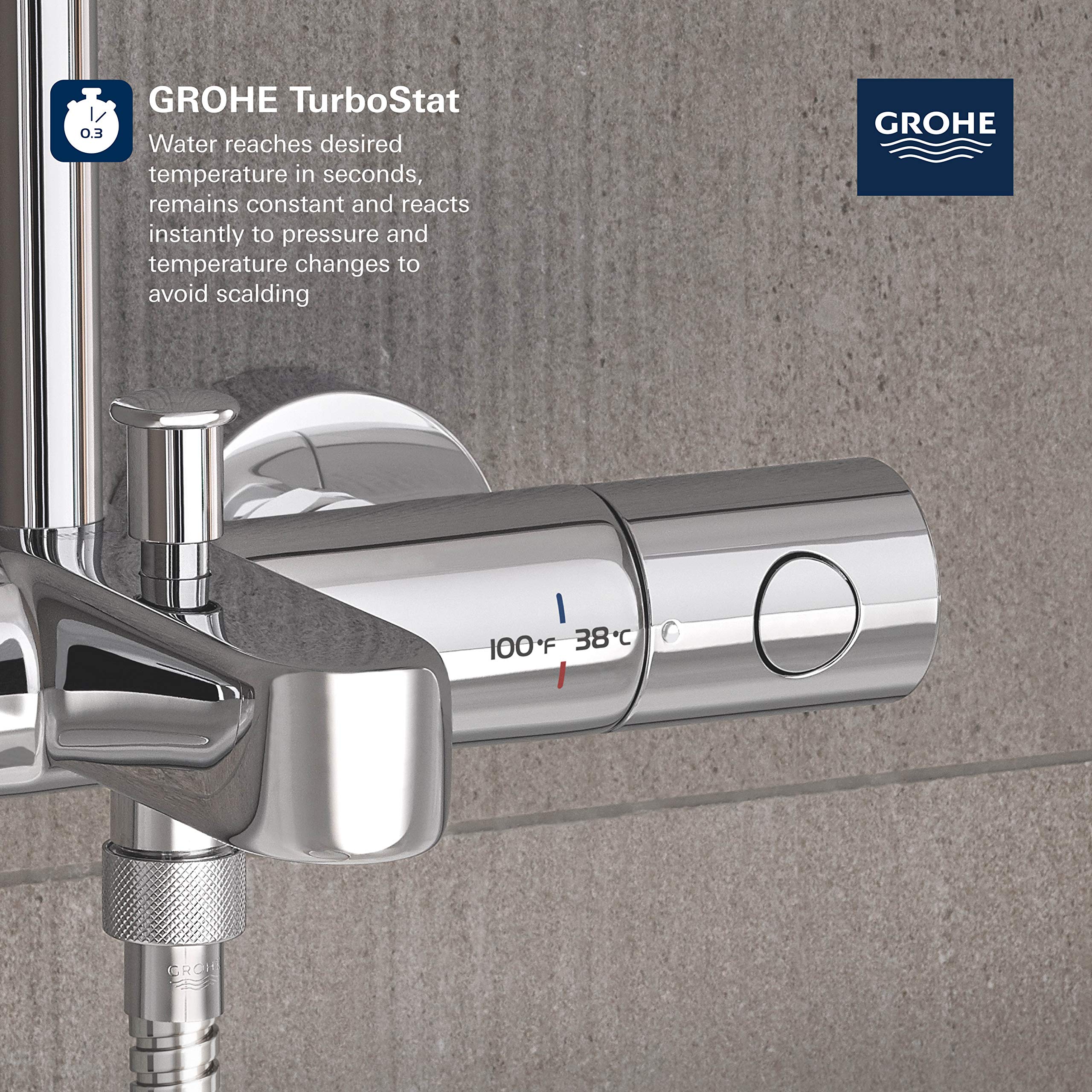 Chrome thermostatic tub and shower valve with temperature dial showing 100°F and 38°C settings.