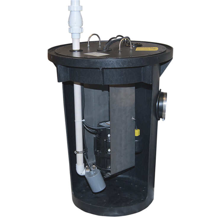 Black cylindrical grinder pump basin with white discharge pipe, internal motor unit, and side outlet connection.