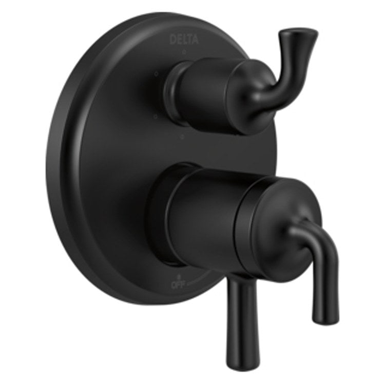 Black Delta Kayra two-handle monitor valve trim with curved lever handles and diverter spout.