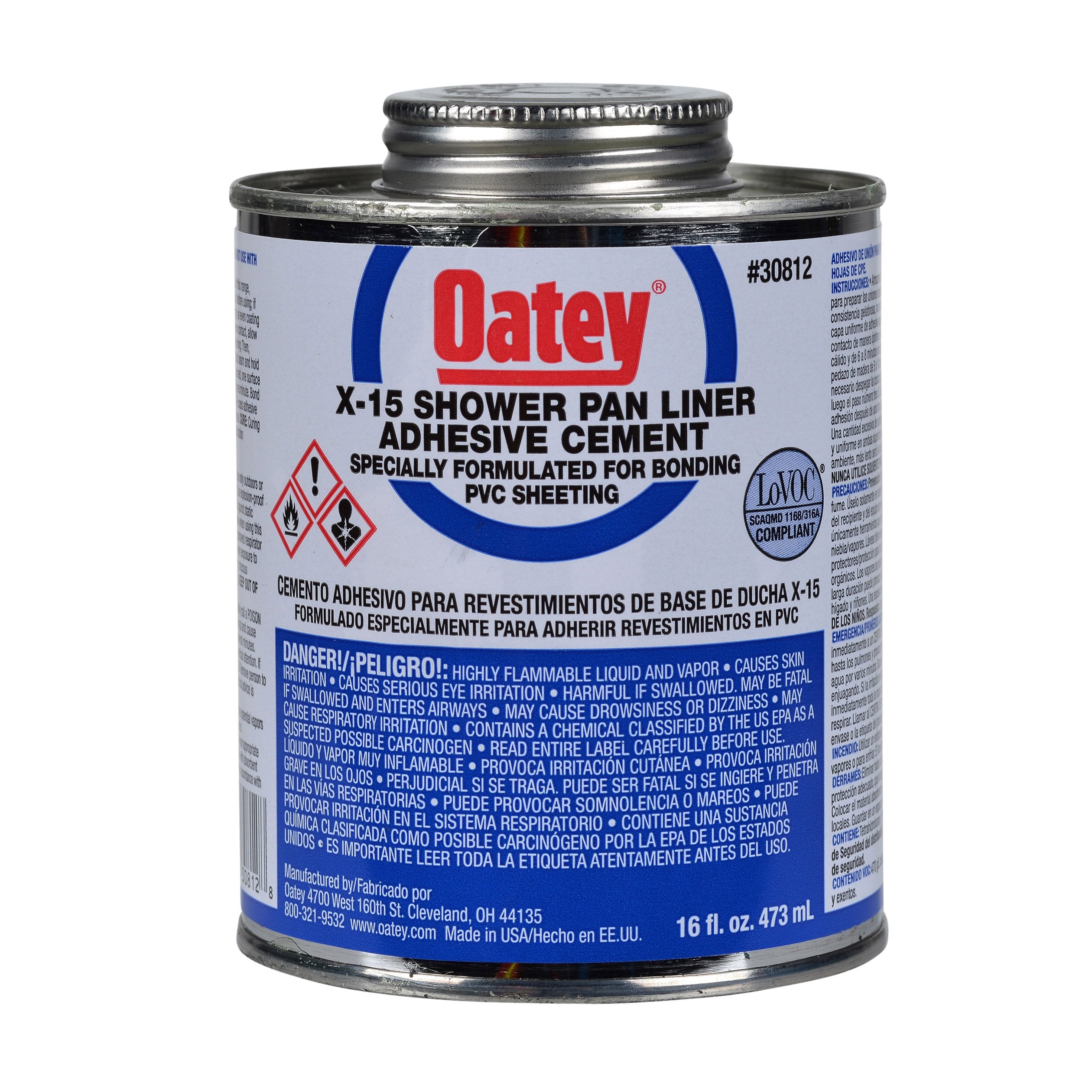 White Oatey X-15 PVC solvent cement adhesive in a 16 fl. oz. metal can with black screw cap.