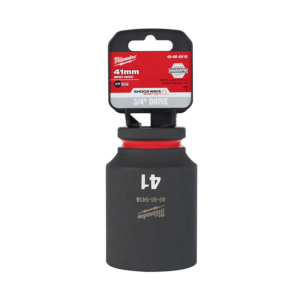 Milwaukee Shockwave 41mm deep socket with 3/4" drive, black with red band and product label attached.