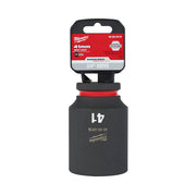 Milwaukee Shockwave 41mm deep socket with 3/4" drive, black with red band and product label attached.