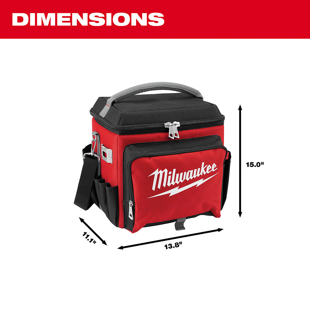 Red and black Milwaukee jobsite cooler with carry handle, measuring 13.8" wide by 15.0" tall by 11.75" deep.