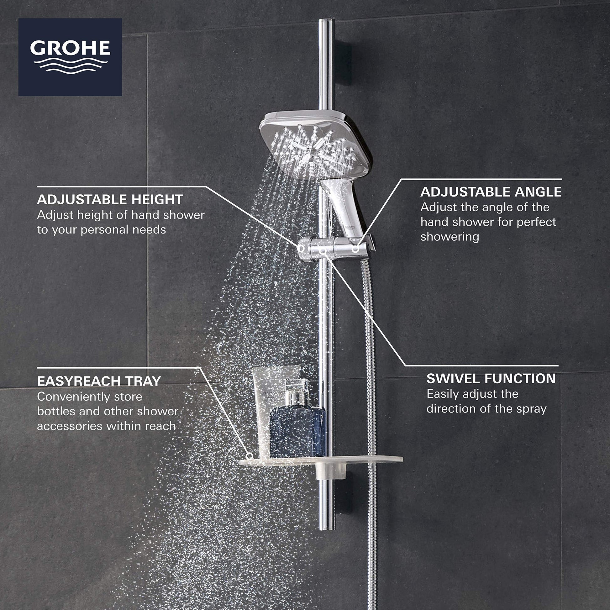 Grohe Eurocube brushed nickel shower set with overhead and hand shower, tray, and vertical rail against dark tile background.